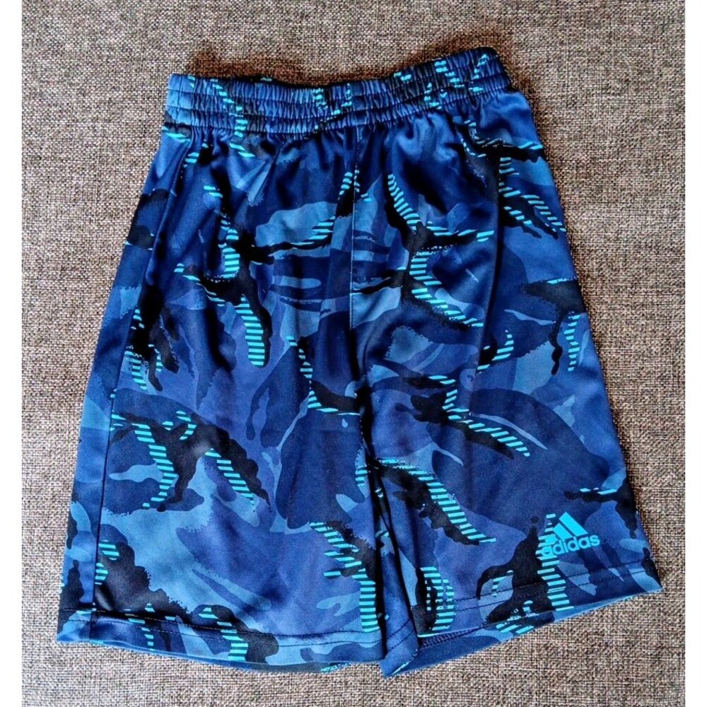 Adidas Shorts Size 6 Boys Blue Camouflage Basketball Sport Elastic Waist Lined